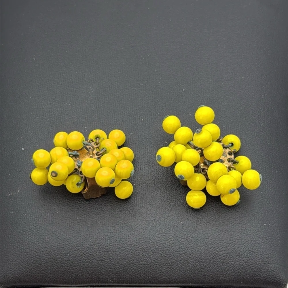 Vintage bright cheery yellow cha cha beaded clip on statement bold fun earrings